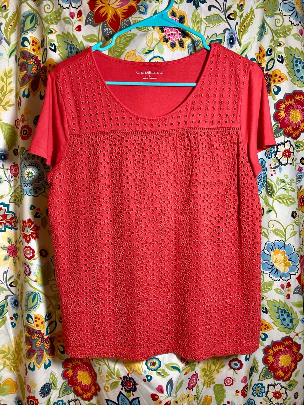 Croft & Barrow Coral Red Eyelet Short-Sleeve Top Size L